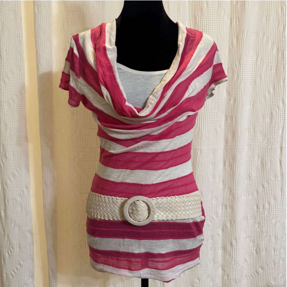 Vintage Deb Tunic Top Pink White Striped Cowl Neck Belted Y2K McBling Size M